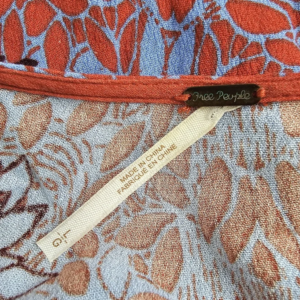 Free People Pumpkin Orange Blue Birds of a Feather Top Blouse L Oversized Boho